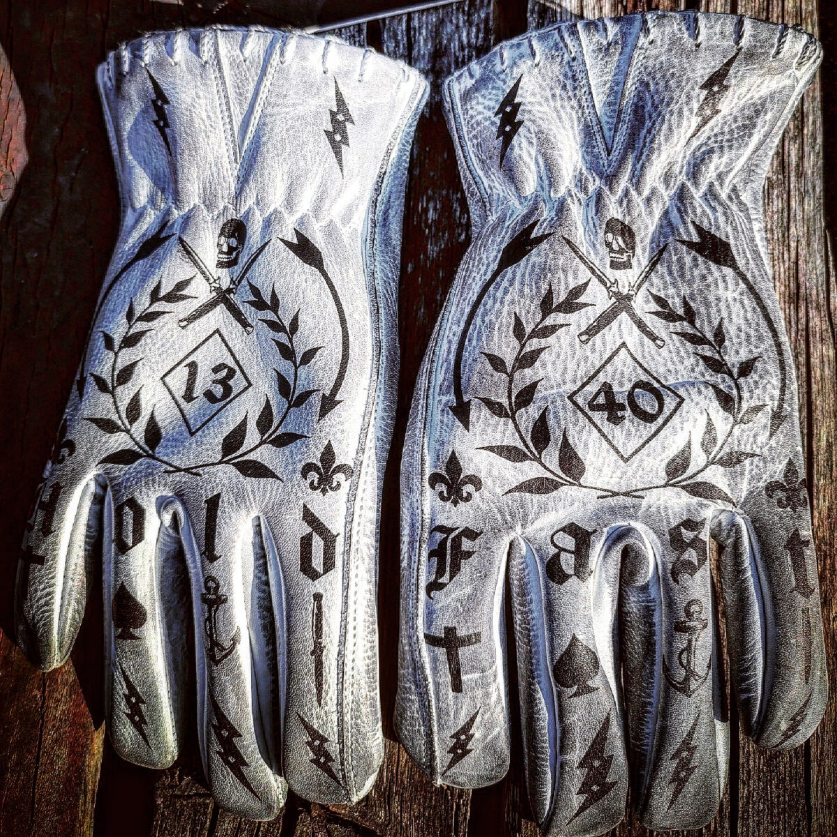 Tattoo inspired white distressed leather graphic printed motorcycle gloves