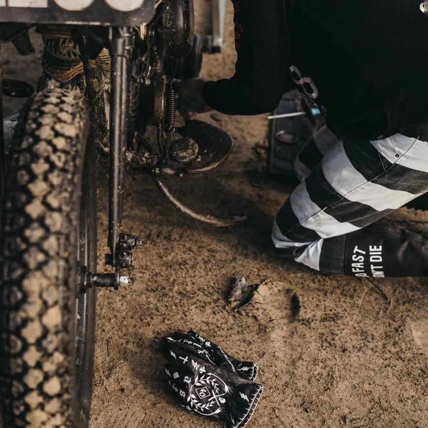 Gothic tattoo art printed black premium leather motorcycle riding gloves