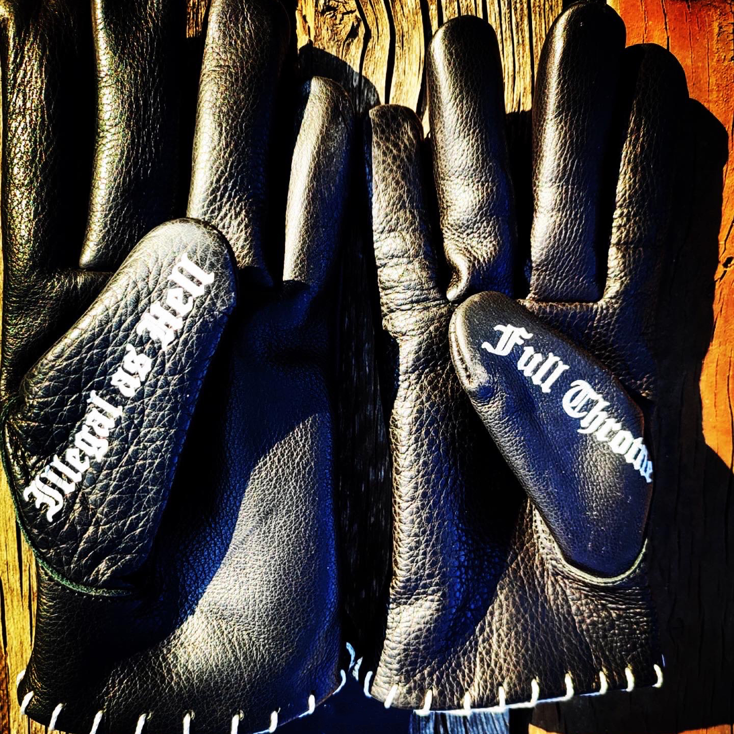 Gothic tattoo art printed black premium leather motorcycle riding gloves