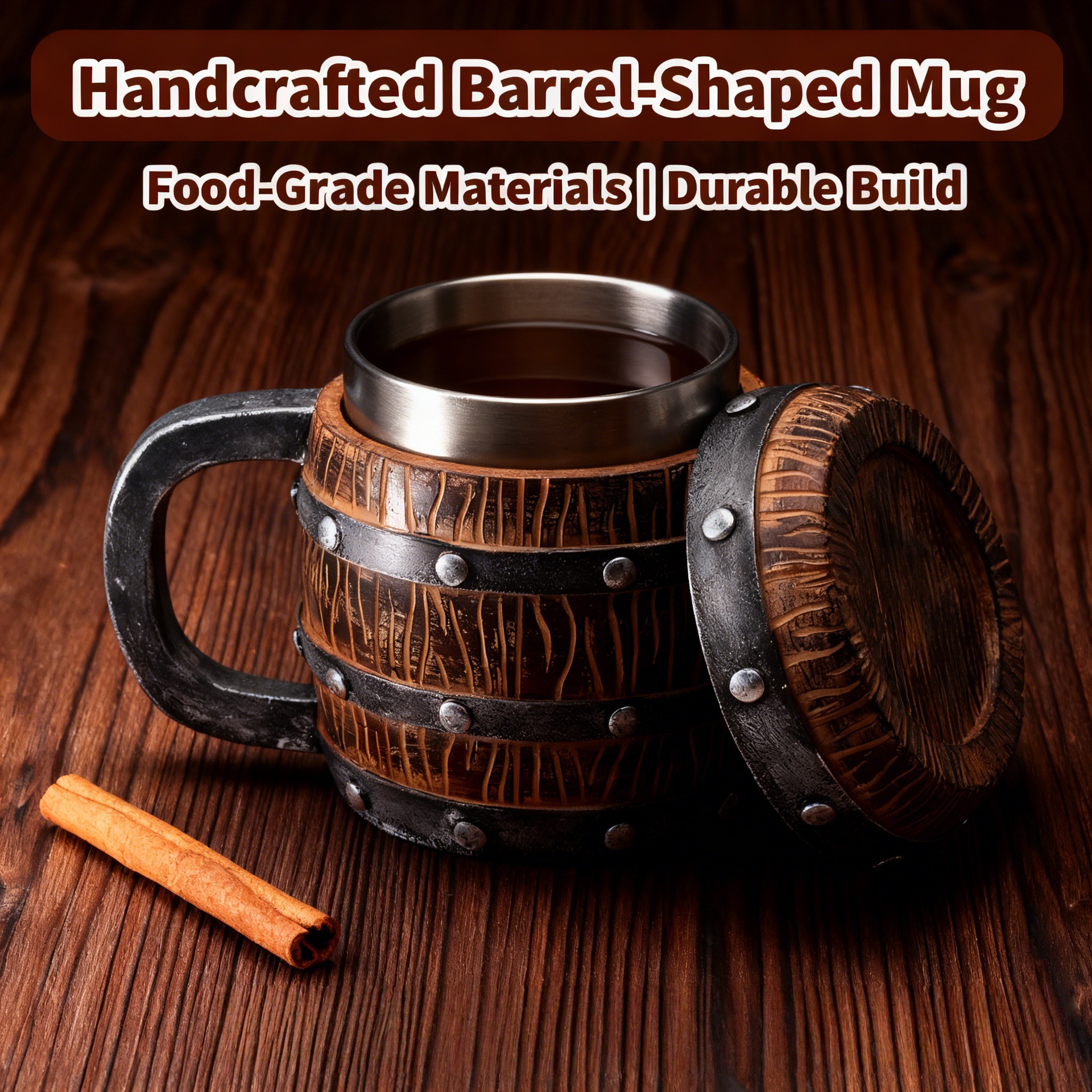 Stainless Steel Liner Wooden Barrel Mug with Lid – Oak Wood Grain & Rivet Decor Beer Tankard