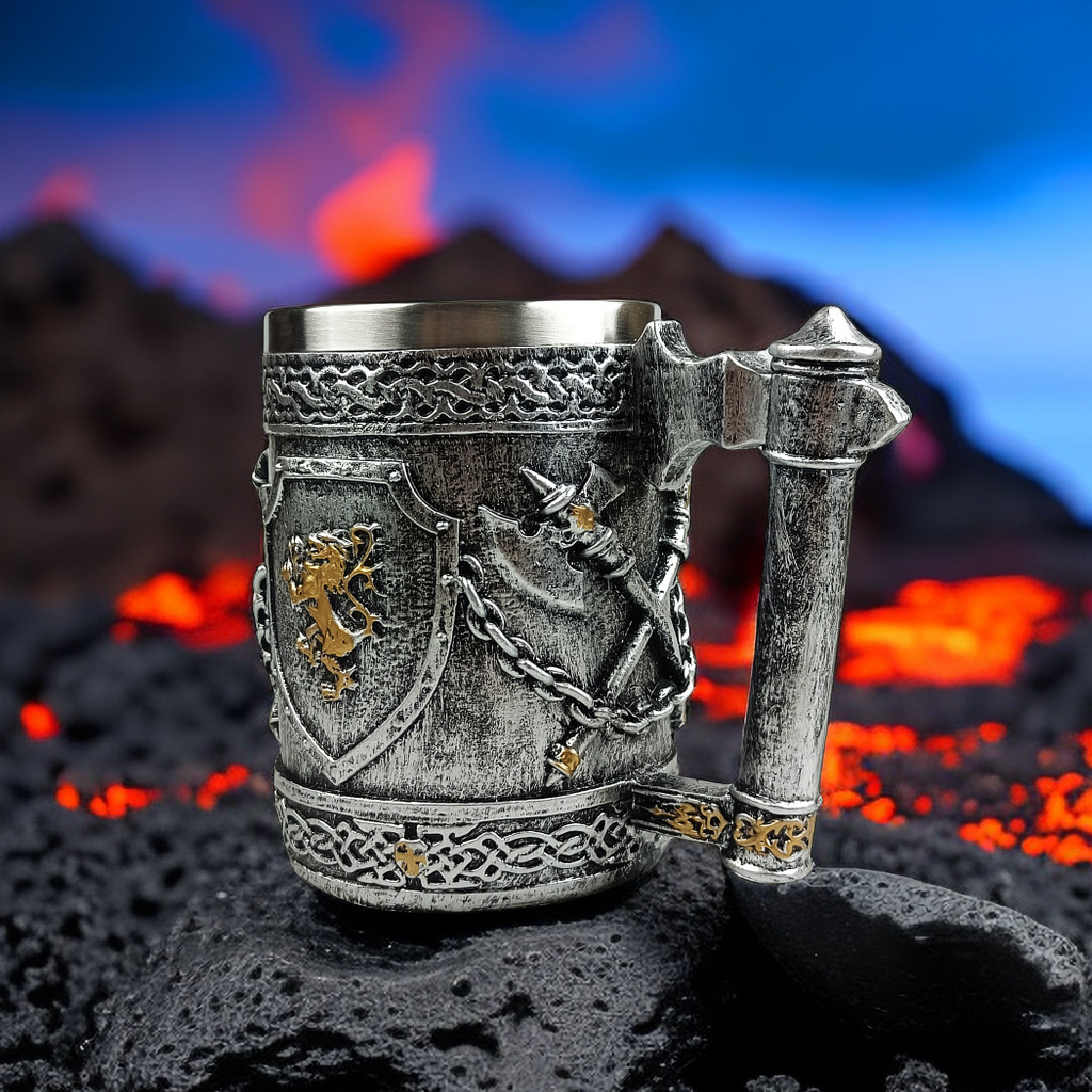 Viking Axe Mug – Golden Lion Shield Beer Mug with Stainless Steel Coffee Cup