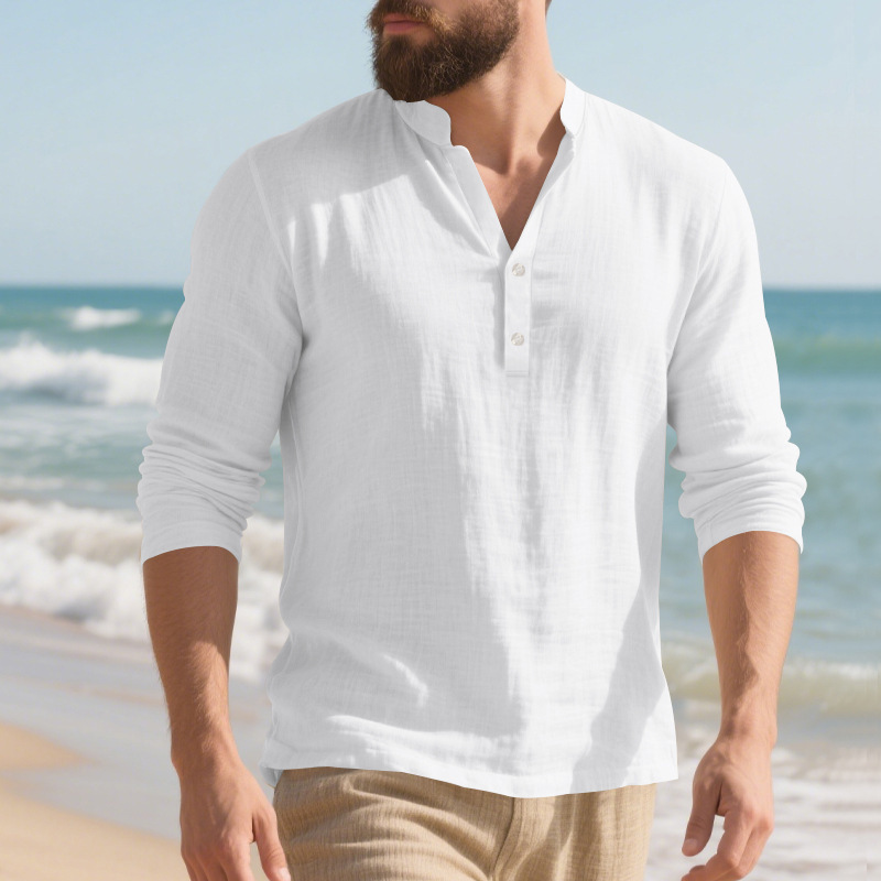 Linen Henley Long-Sleeve Shirt – Stand Collar, Buttoned V-Neck, Breathable Loose Fit