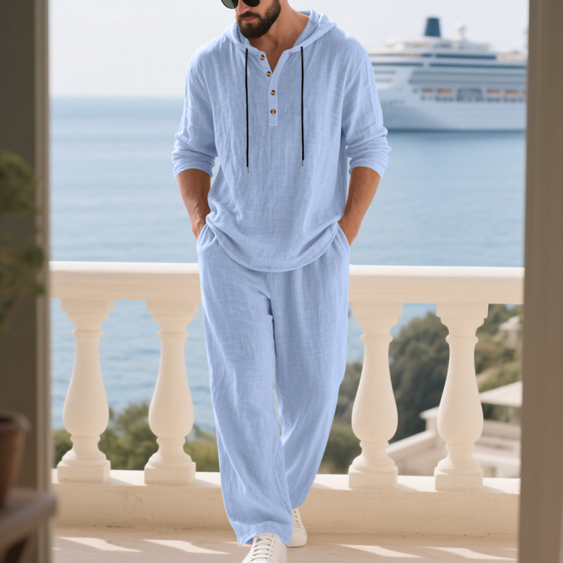 Men’s Linen Solid Color Casual Loose Long-Sleeve Hoodie & Trousers Set