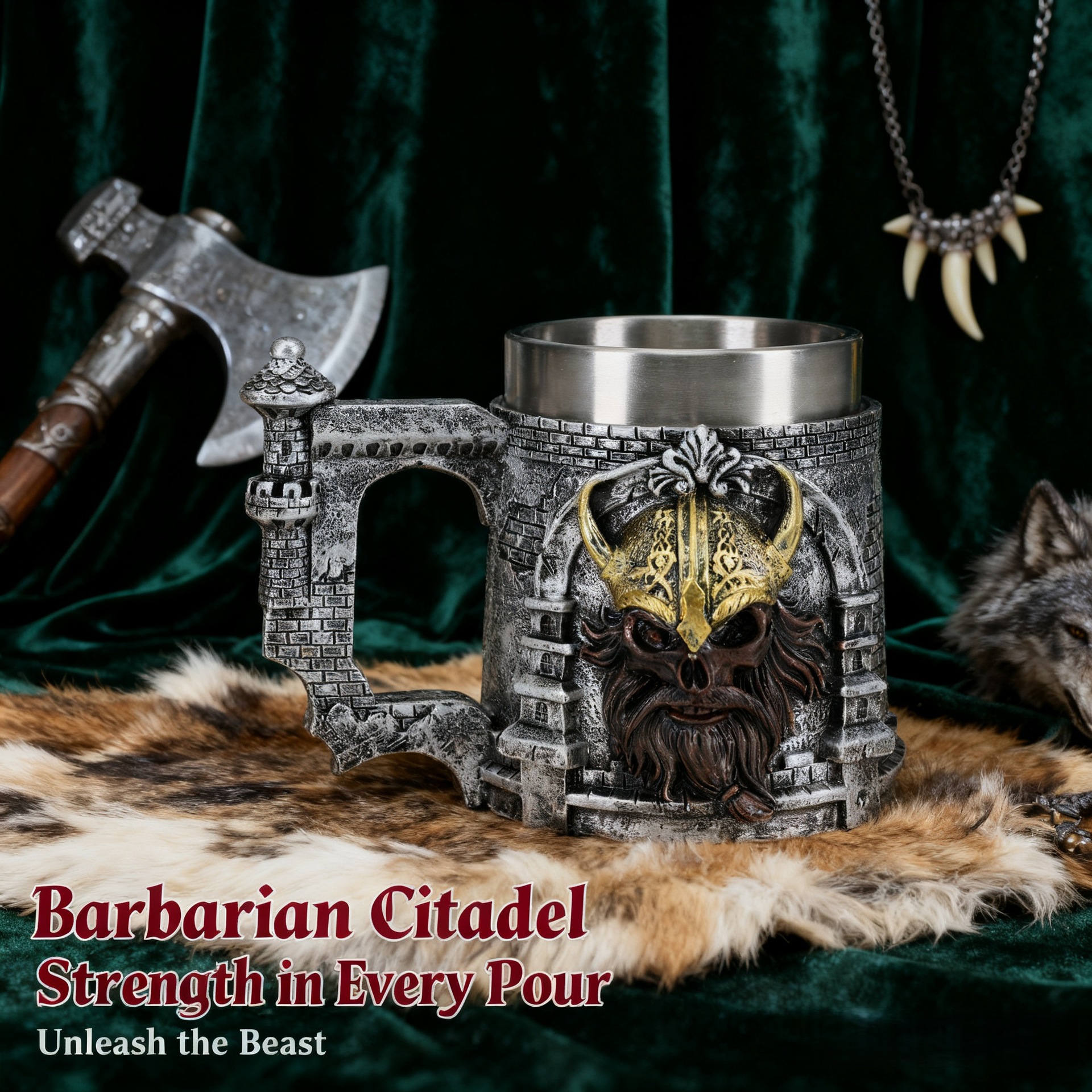 Medieval Nordic Pirate Viking Castle Beer Mug – 3D Resin with Stainless Steel Coffee Cup