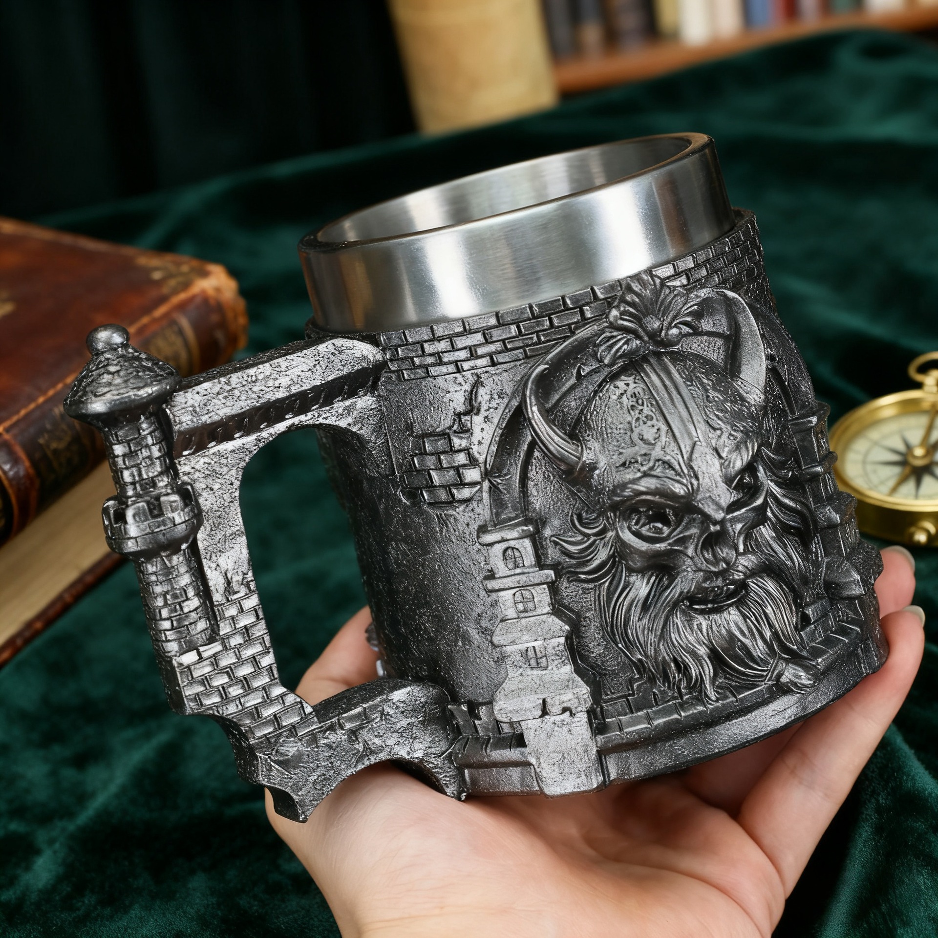 Medieval Nordic Pirate Viking Castle Beer Mug – 3D Resin with Stainless Steel Coffee Cup