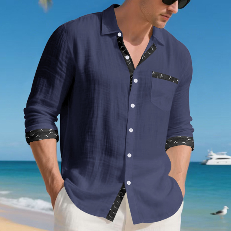 Cotton Linen Long-Sleeve Shirt – Stand Collar, Printed Lapel, Casual Beach Style