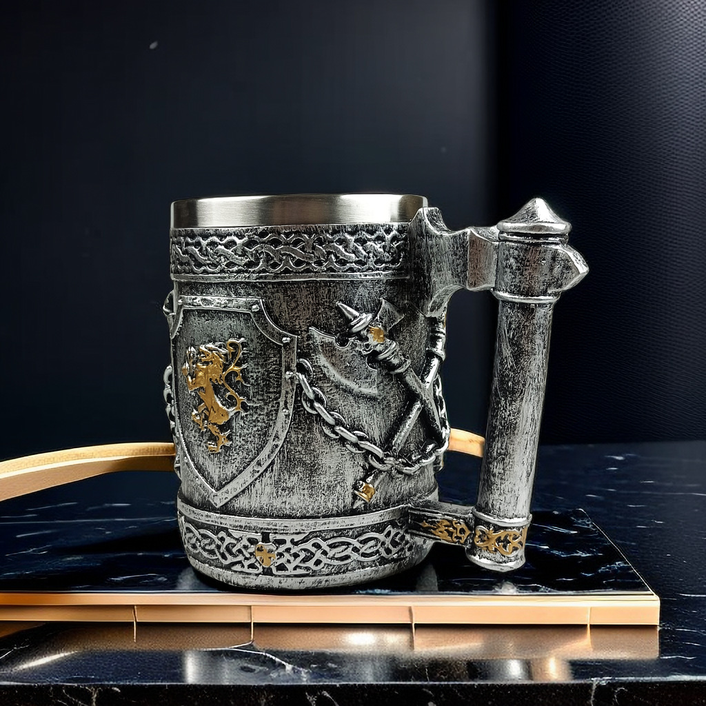 Viking Axe Mug – Golden Lion Shield Beer Mug with Stainless Steel Coffee Cup