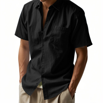 Linen Short-Sleeve Shirt – Solid Color, Breathable Lapel Design