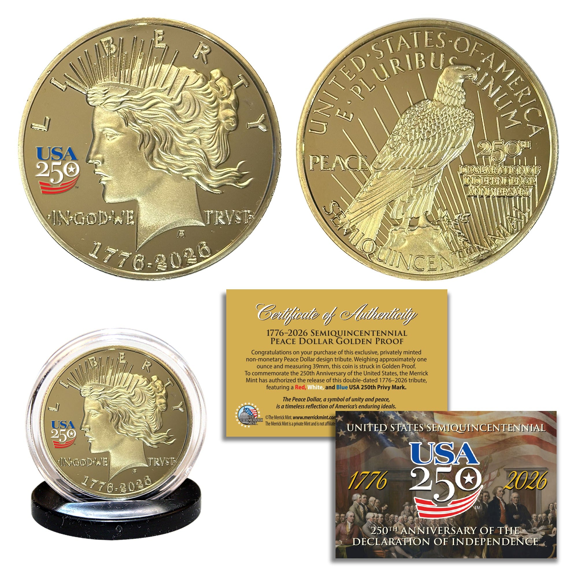 USA 250th Patriotic Bundle – Peace Coins & Independence $2 Bill