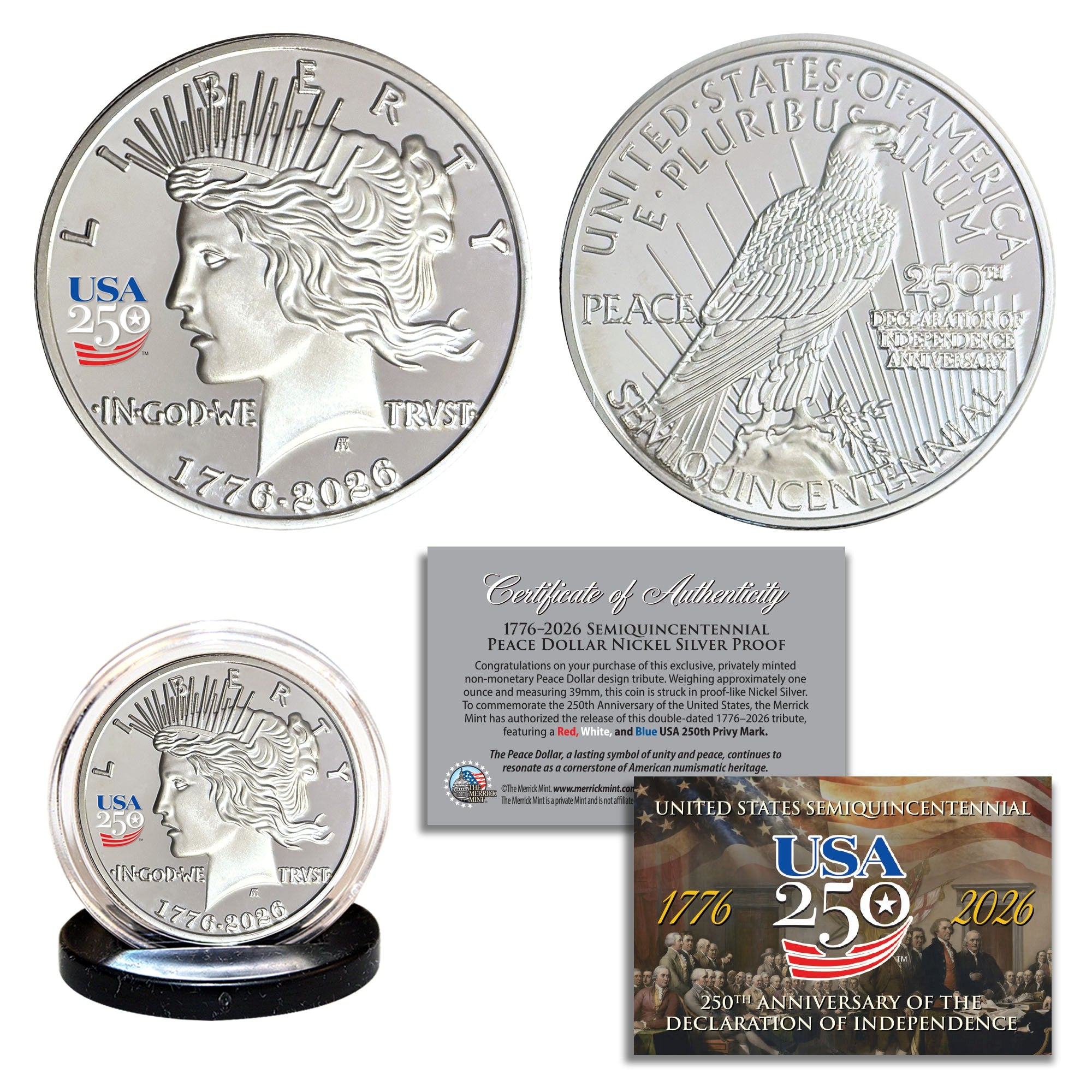 USA 250th Patriotic Bundle – Peace Coins & Independence $2 Bill