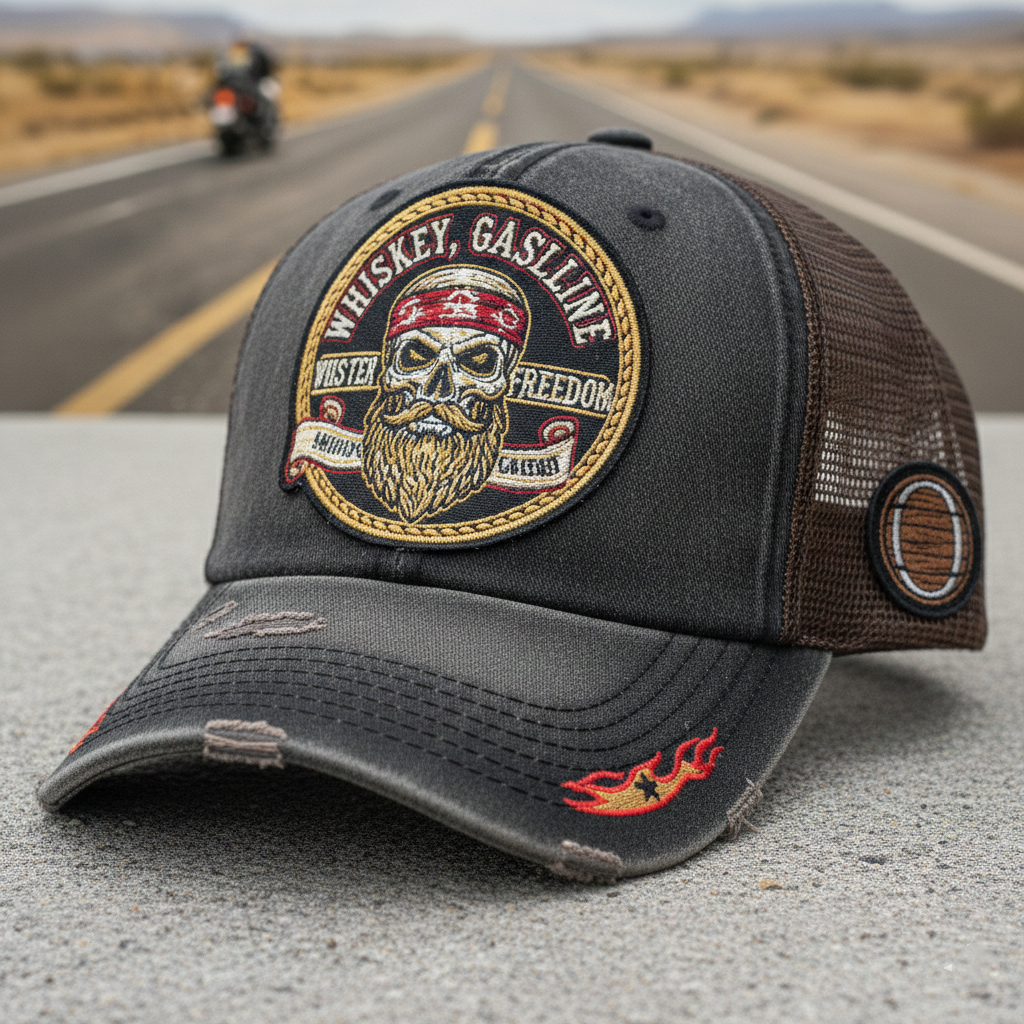 Vintage Distressed Whiskey, Gasoline & Freedom pattern Outdoor Baseball Cap