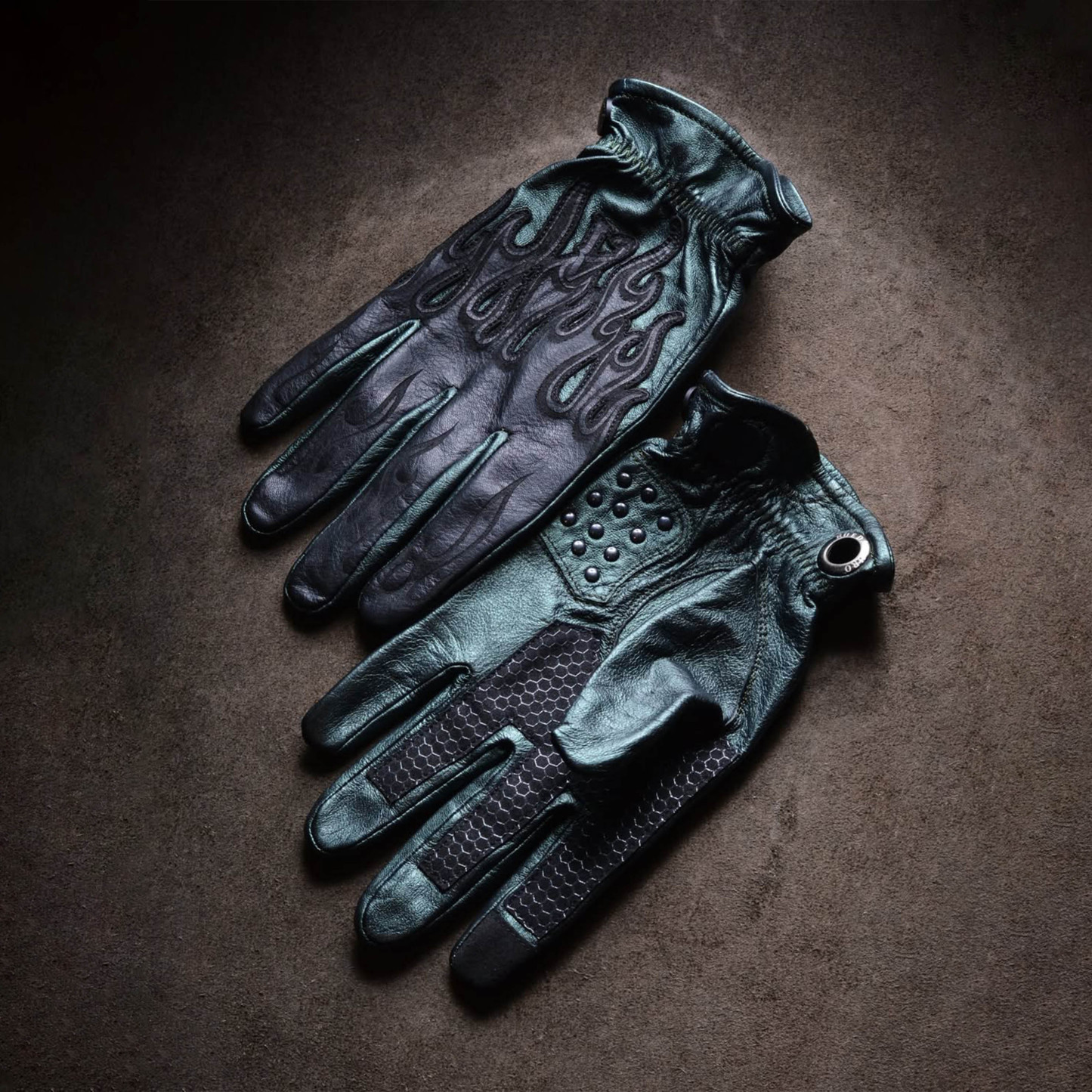 Industrial Punk Dark Emerald Flame Studded Textured Leather Gloves