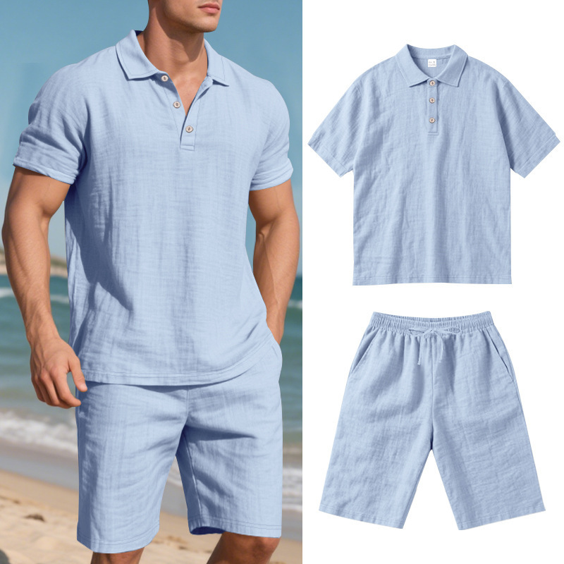 Linen Casual Set – Breathable Lapel Polo Shirt & Shorts, Loose Fit Summer Wear