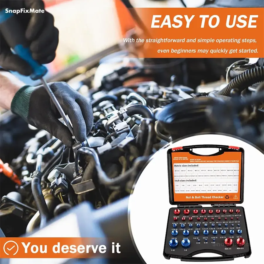 Snapfixmate 44PCS Nut and Bolt Thread Checker - Comprehensive Bolt Size and Thread Gauge Tool, Inch & Metric Sizes, with Handy Tool Box, Excellent for Home Garages and Car Repairs