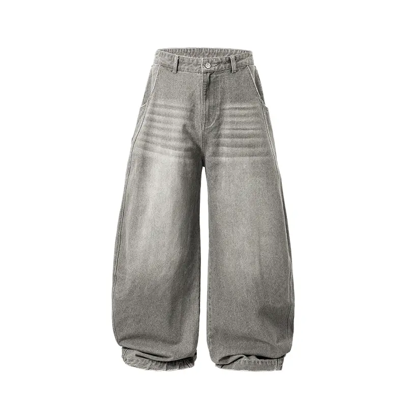 Inflation Spring Summer Fall Lightweight Baggy Washed Streetwear Wide-Leg Curved Blade Denim Pants Spring Summer New American Style Loose Fit Cargo Jeans Men's Casual Beige Plain Trousers with Pockets Pull On