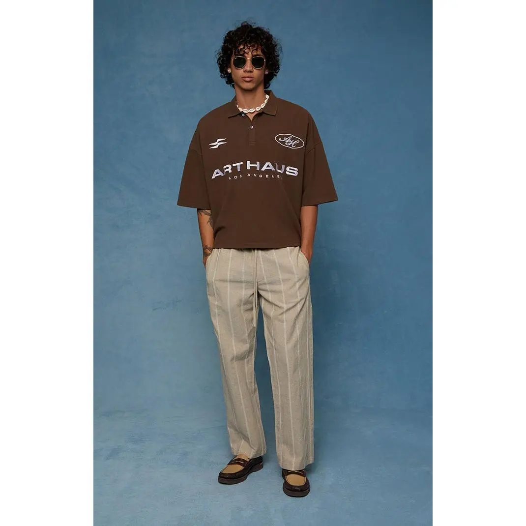 Pacsun Men's Cream Striped Straight Leg Linen Pants