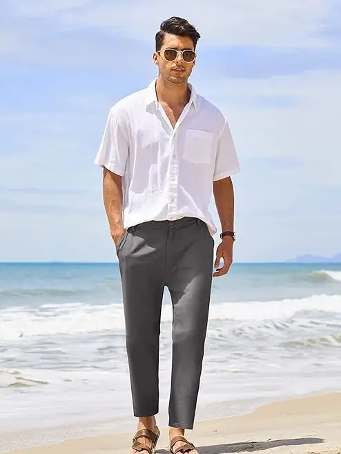 COOFANDY Men's Cotton Linen Pants Elastic Waist Lightweight Casual Pants Slim Fit Yoga Beach Pants with Pockets Menswear Trouser Daily