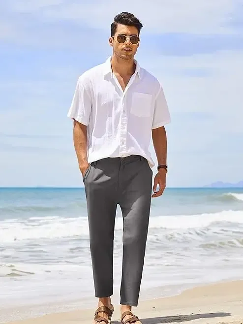COOFANDY Men's Cotton Linen Pants Elastic Waist Lightweight Casual Pants Slim Fit Yoga Beach Pants with Pockets Menswear Trouser Daily