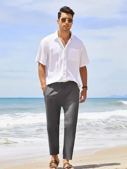 COOFANDY Men's Cotton Linen Pants Elastic Waist Lightweight Casual Pants Slim Fit Yoga Beach Pants with Pockets Menswear Trouser Daily