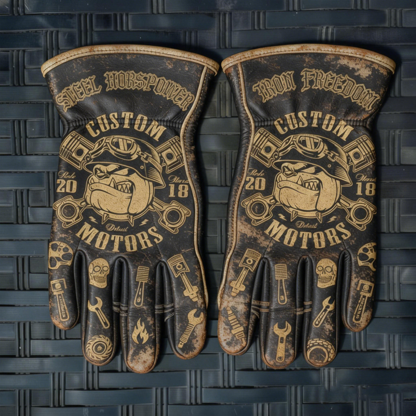 Vintage Distressed Leather Custom Chopper Style Riding Gloves