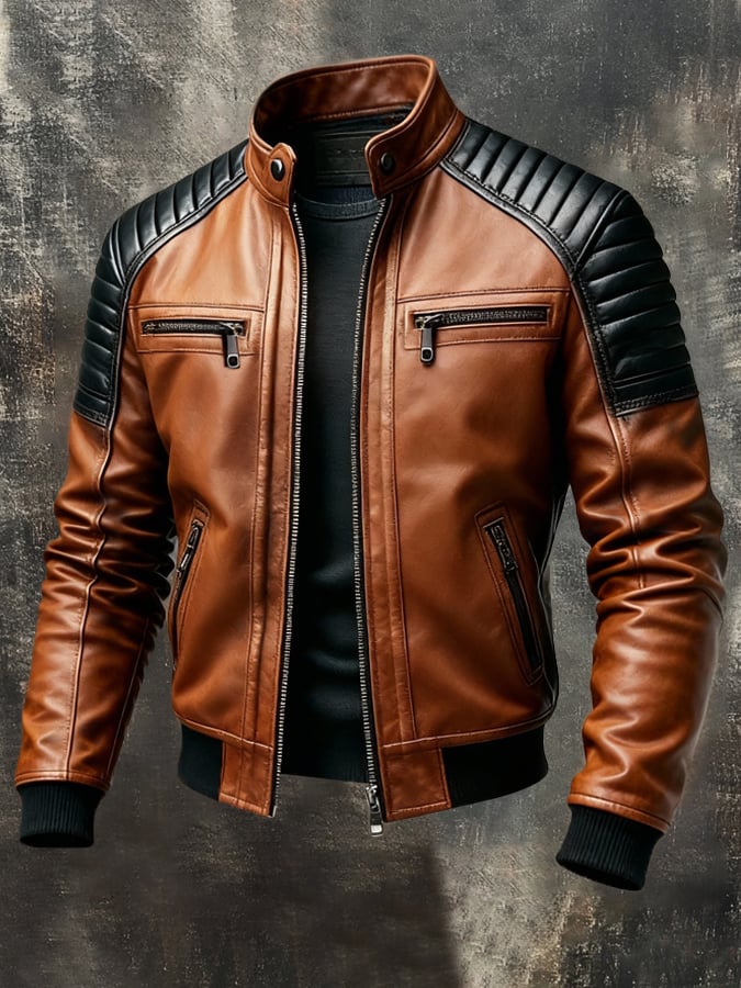 Men'S Vintage Motorcycle Leather Outdoor Jacket Coat