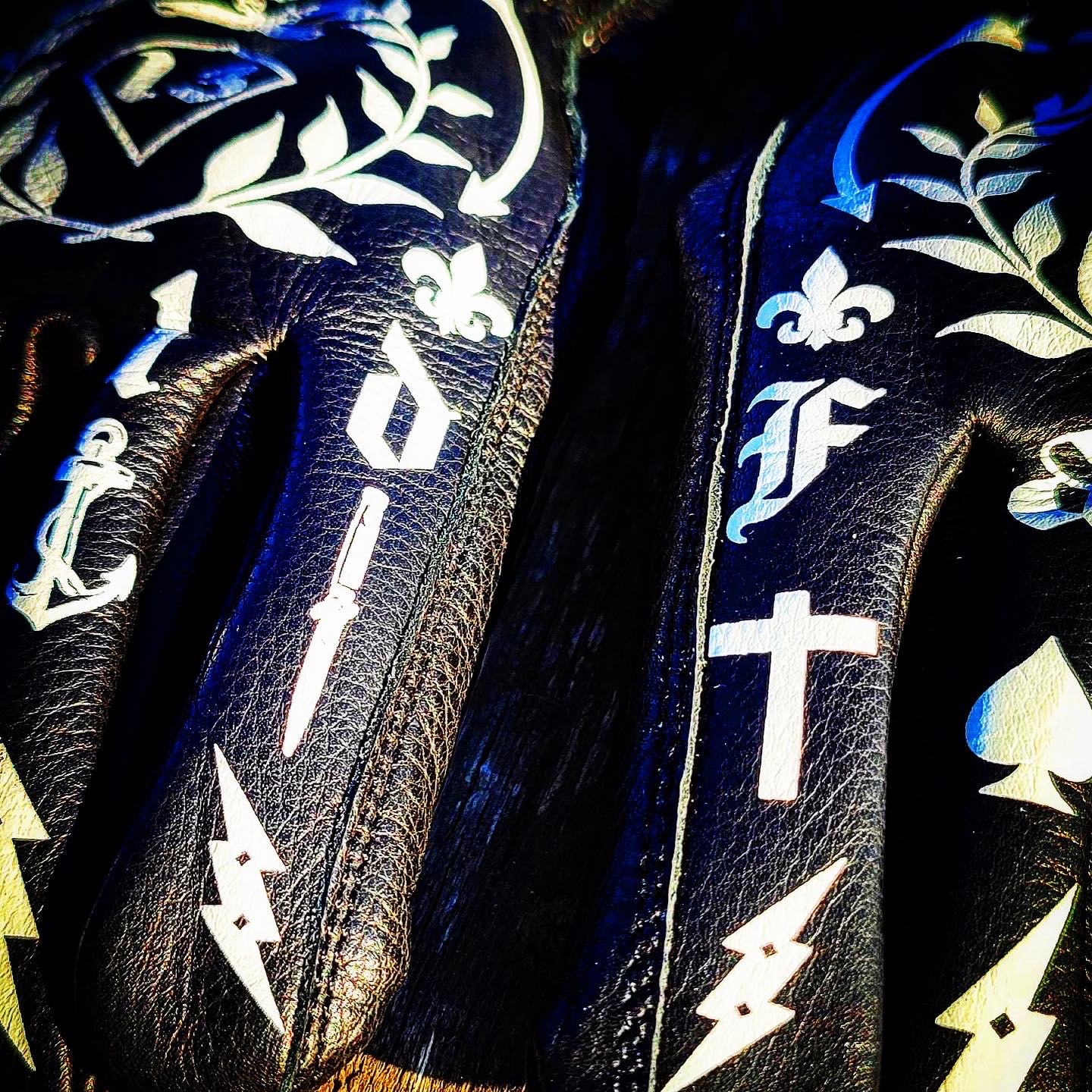 Gothic tattoo art printed black premium leather motorcycle riding gloves