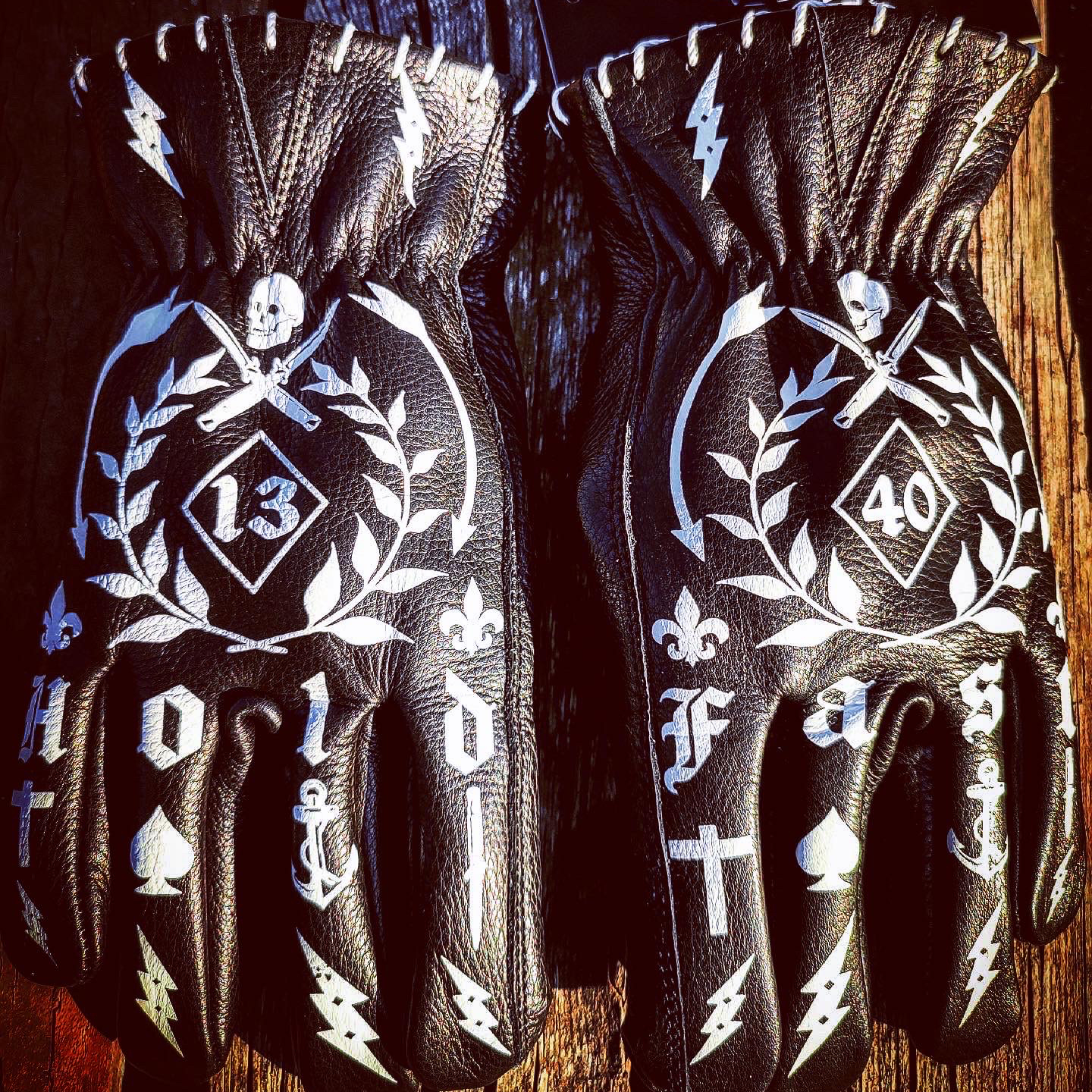 Gothic tattoo art printed black premium leather motorcycle riding gloves