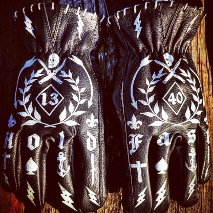 Gothic tattoo art printed black premium leather motorcycle riding gloves