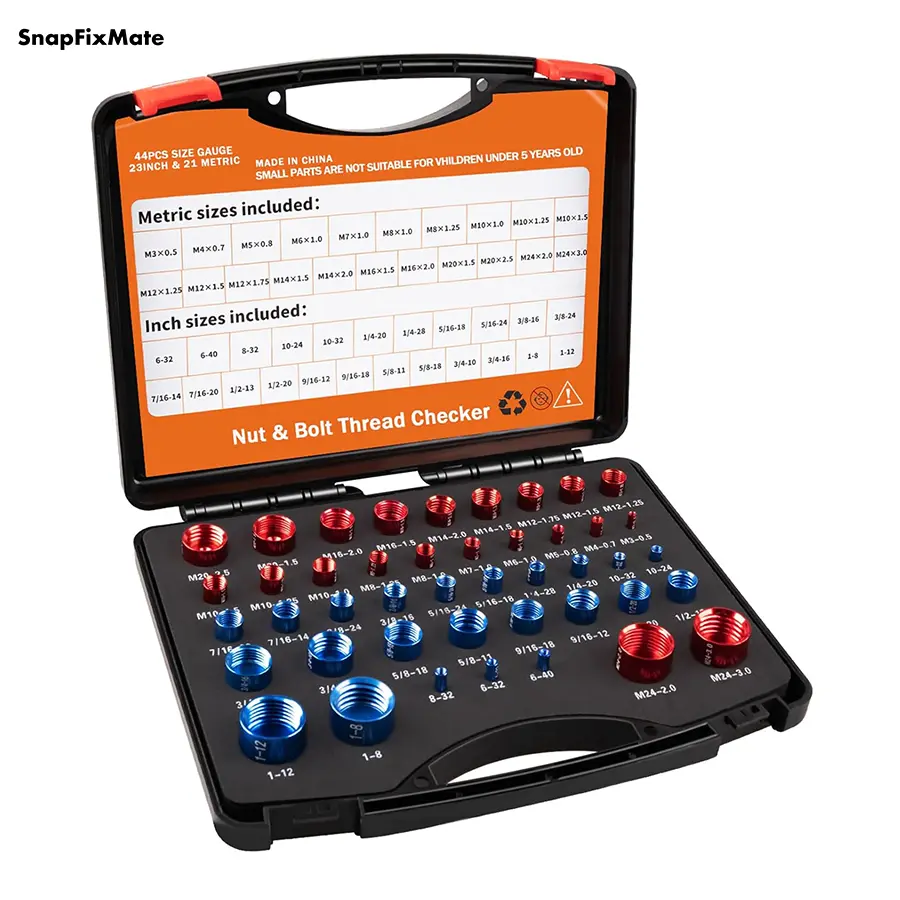 Snapfixmate 44PCS Nut and Bolt Thread Checker - Comprehensive Bolt Size and Thread Gauge Tool, Inch & Metric Sizes, with Handy Tool Box, Excellent for Home Garages and Car Repairs