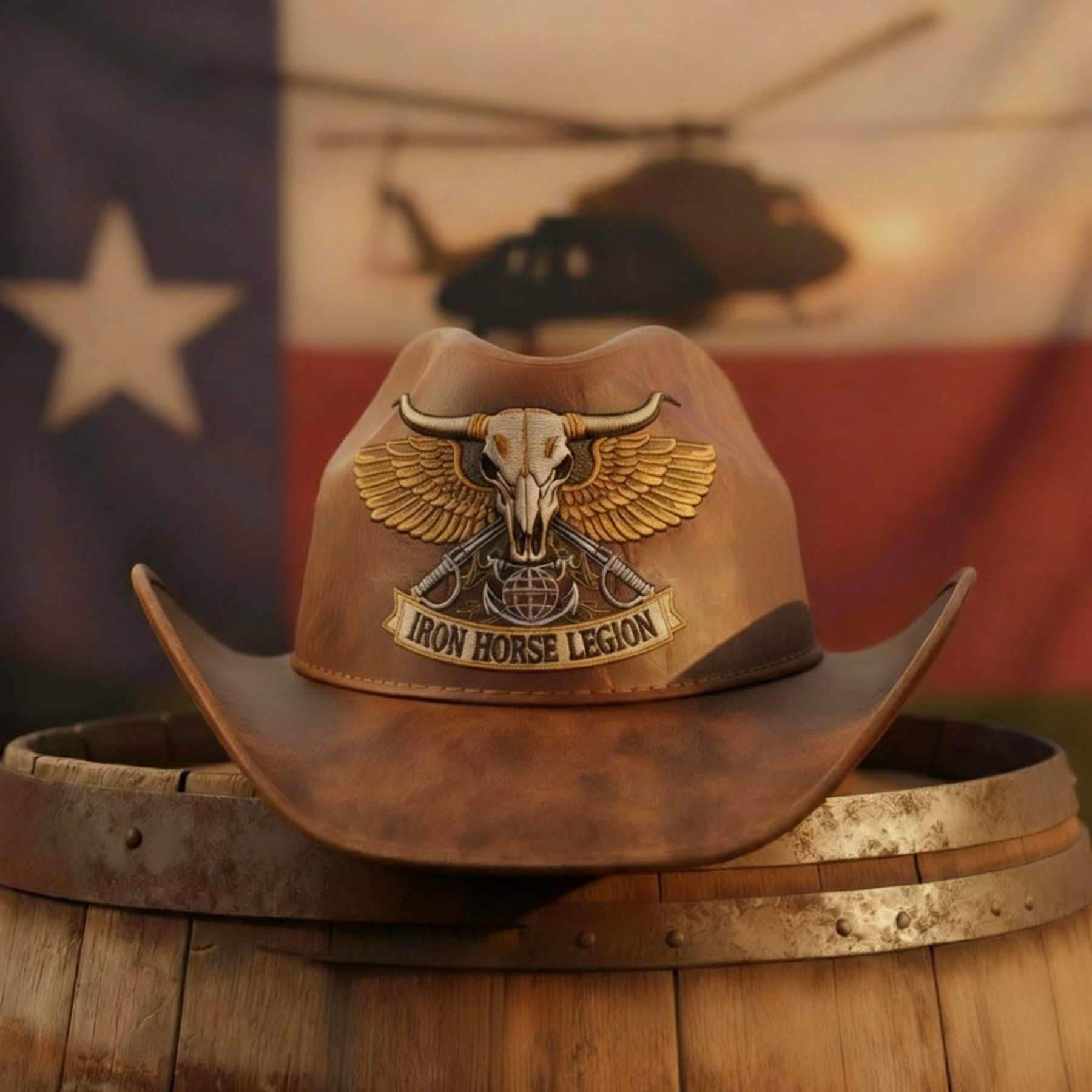 Lone Star Veteran Cowboy Hat - Bull Skull & Wings Embroidered