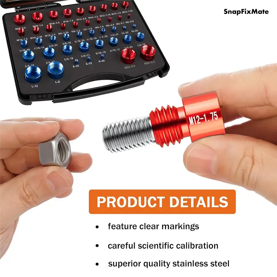 Snapfixmate 44PCS Nut and Bolt Thread Checker - Comprehensive Bolt Size and Thread Gauge Tool, Inch & Metric Sizes, with Handy Tool Box, Excellent for Home Garages and Car Repairs