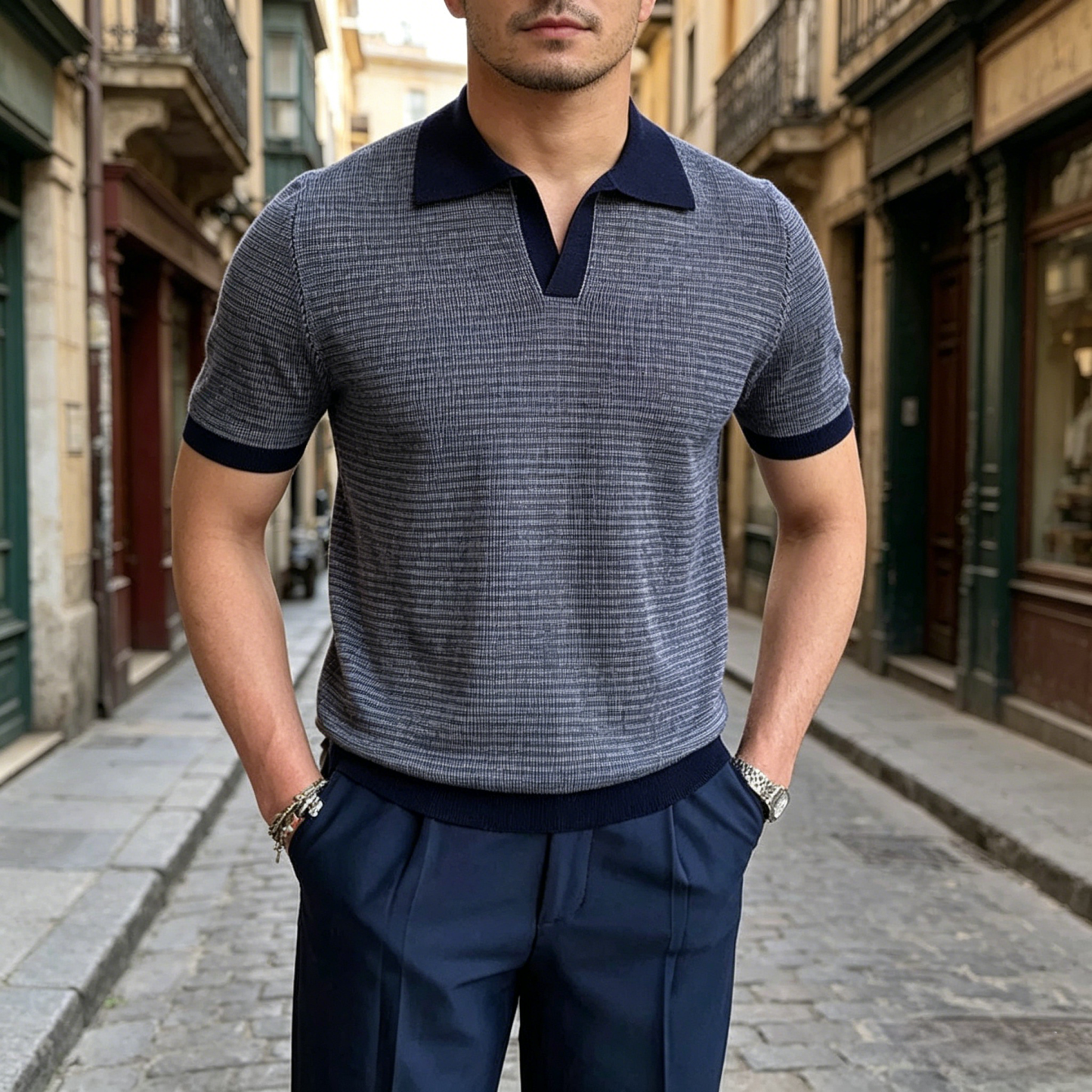 Buttonless Honeycomb Contrast Knitted Polo