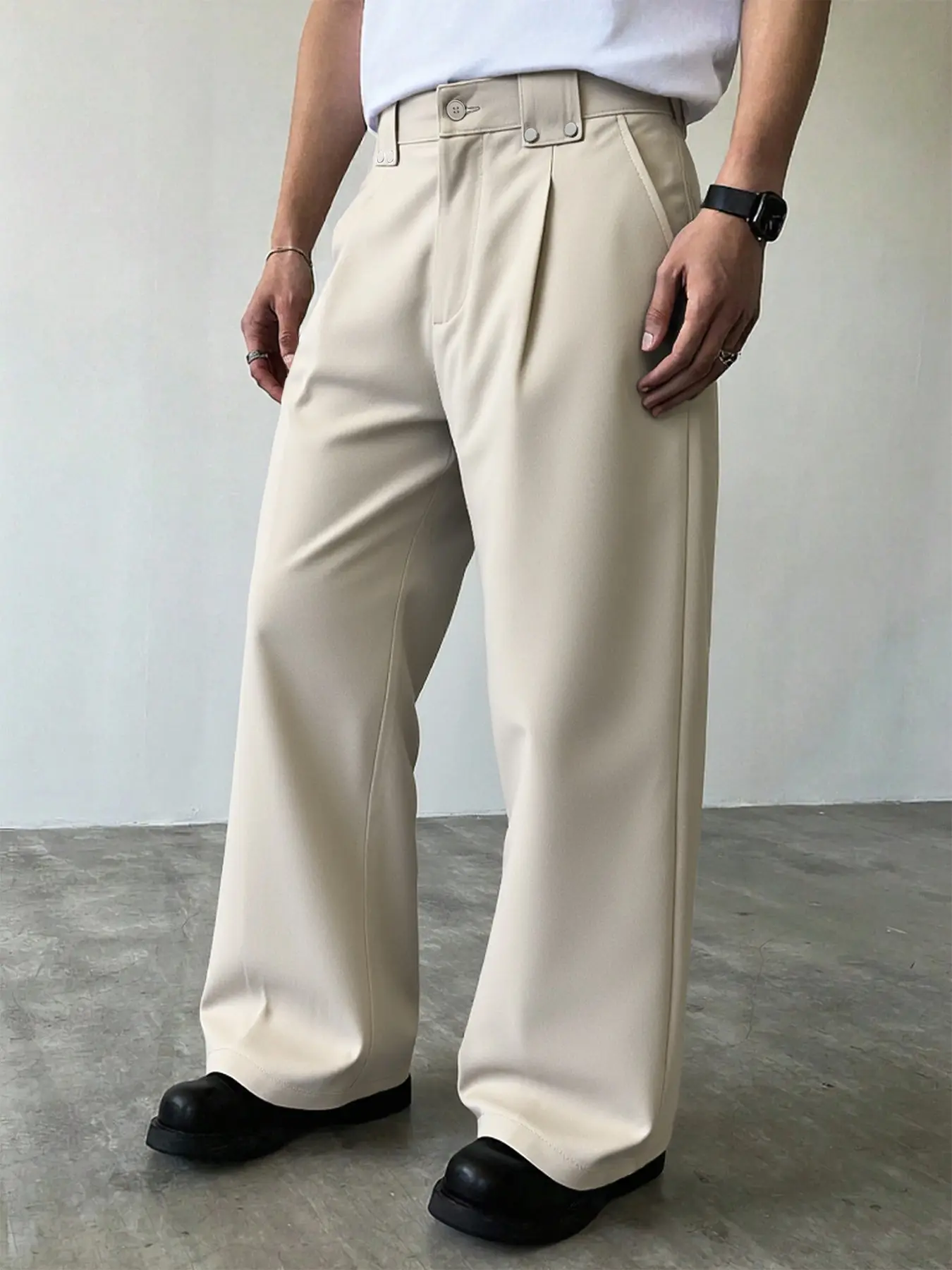 Men's Business Button Fly Elastic Waist Pants, Woven Fabric, All-Season Wear, Casual Fitted Pants with Pockets, Casual Fit Bottoms