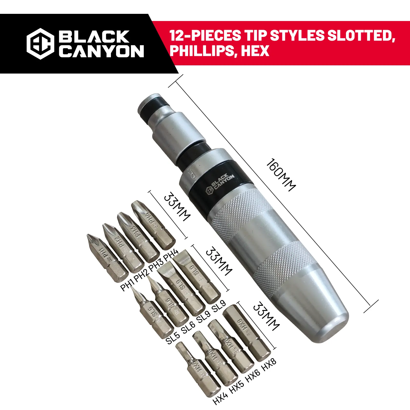 Black Canyon™ Heavy-Duty Manual Impact Driver Set | S2 Steel Reversible Screwdriver | 12-Piece Kit to Break Loose Rusted & Frozen Bolts