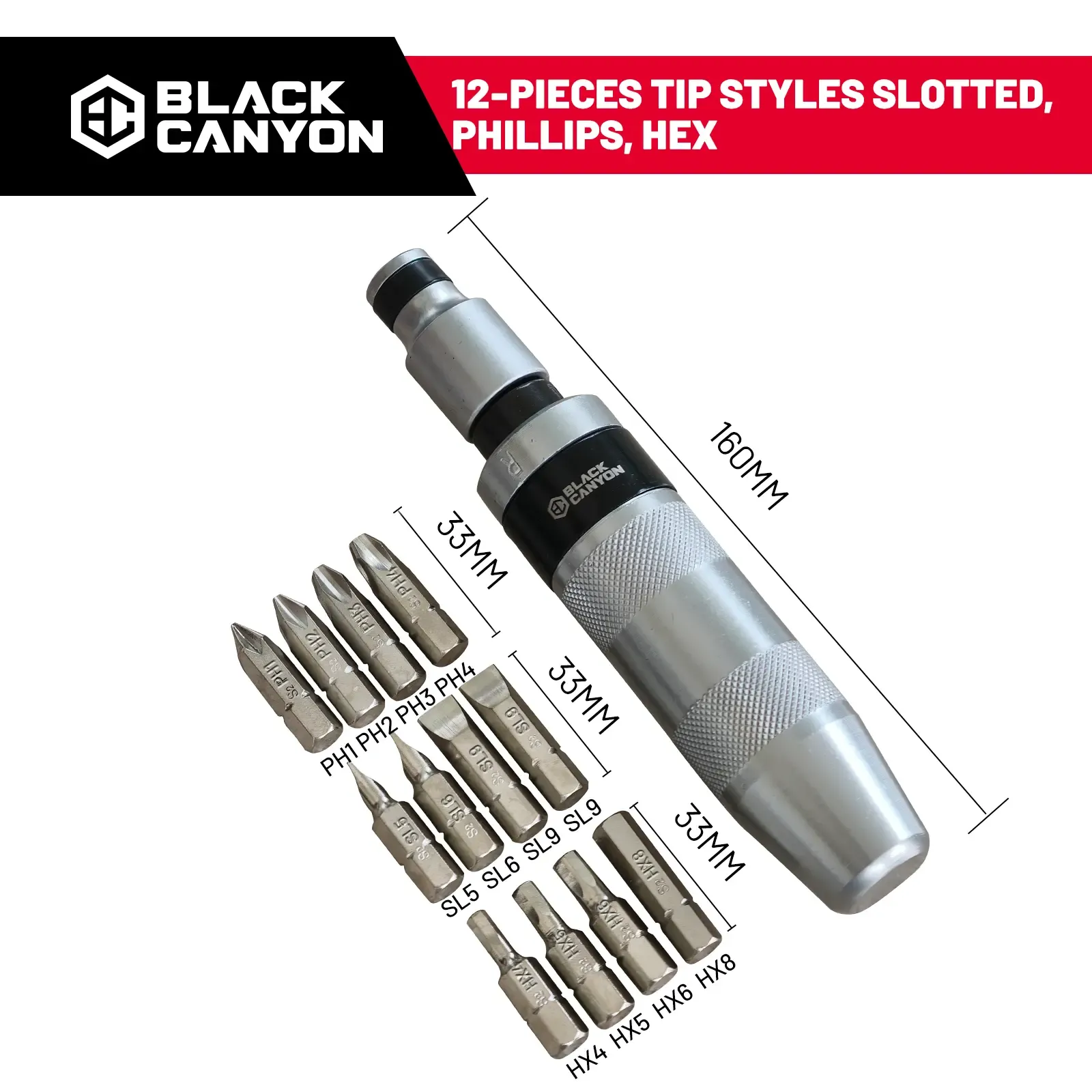 Black Canyon™ Heavy-Duty Manual Impact Driver Set | S2 Steel Reversible Screwdriver | 12-Piece Kit to Break Loose Rusted & Frozen Bolts