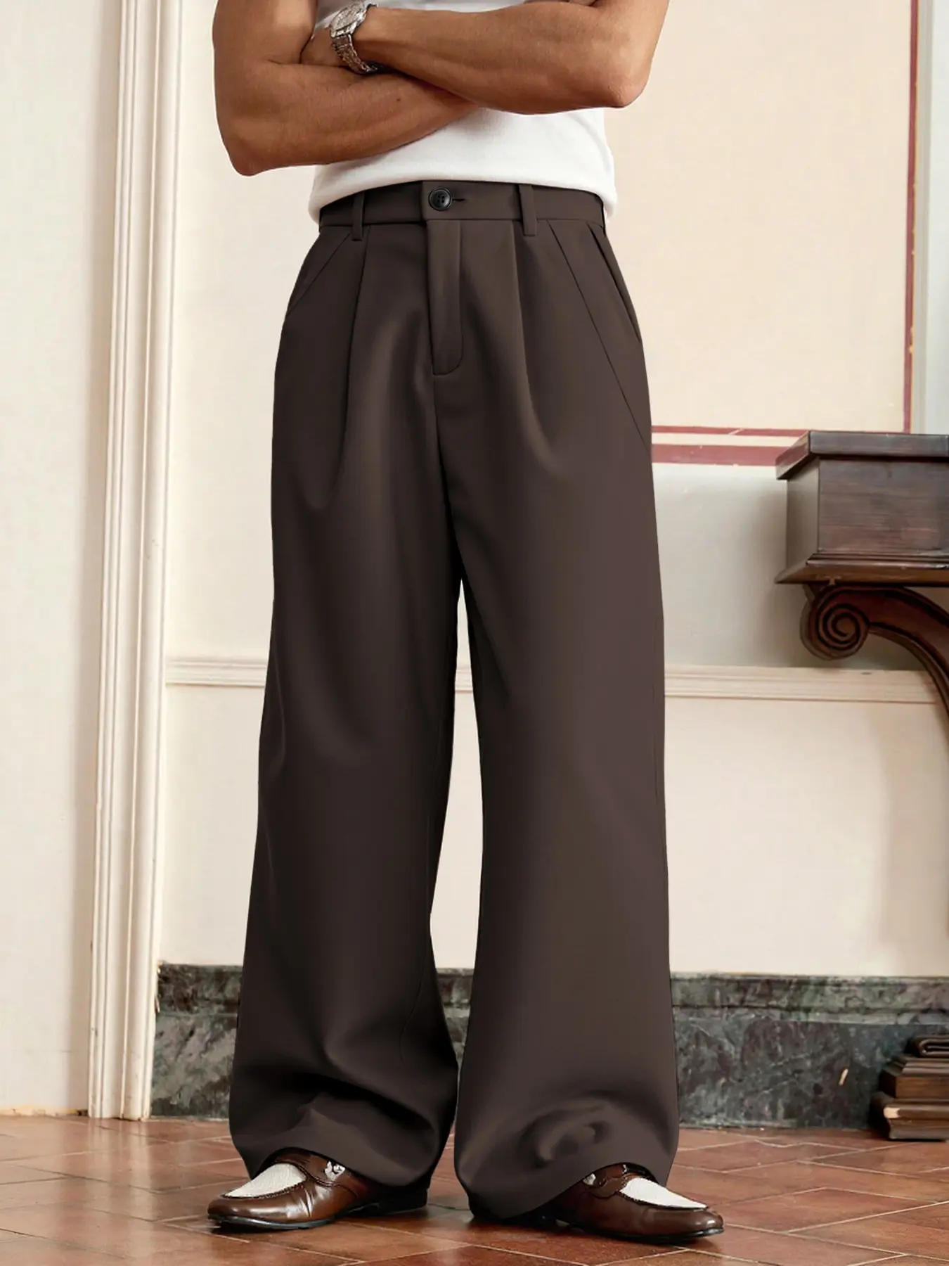 Men's Casual Flat Front Pants, Comfortable Wide Leg Trousers, Flexible Fit, Ideal for Leisure and Daily Use, High Waist Button Fly