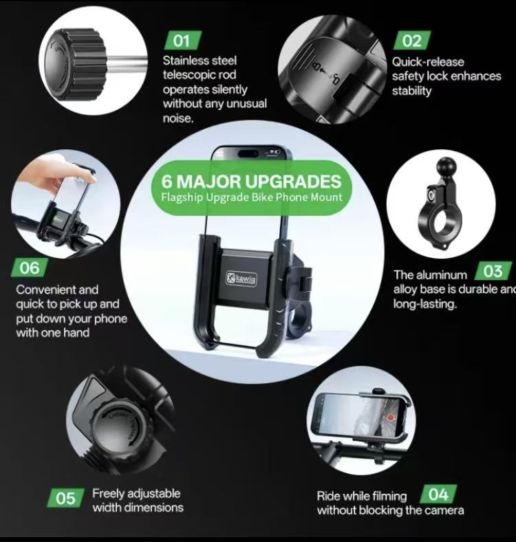 KEWIG M29  Bike Phone Mount, Aluminum Anti-Theft Handlebar Cell Phone Holder, 360° Rotation, One-Hand Quick Lock/Release for 5.2-7.2" iPhone & Android, Fits Bicycle, Scooter.phone holder for car car phone mount Motorcycle Accessories Motorcycle Stand