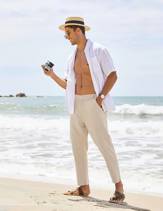 COOFANDY Men's Cotton Linen Pants Elastic Waist Lightweight Casual Pants Slim Fit Yoga Beach Pants with Pockets Menswear Trouser Daily