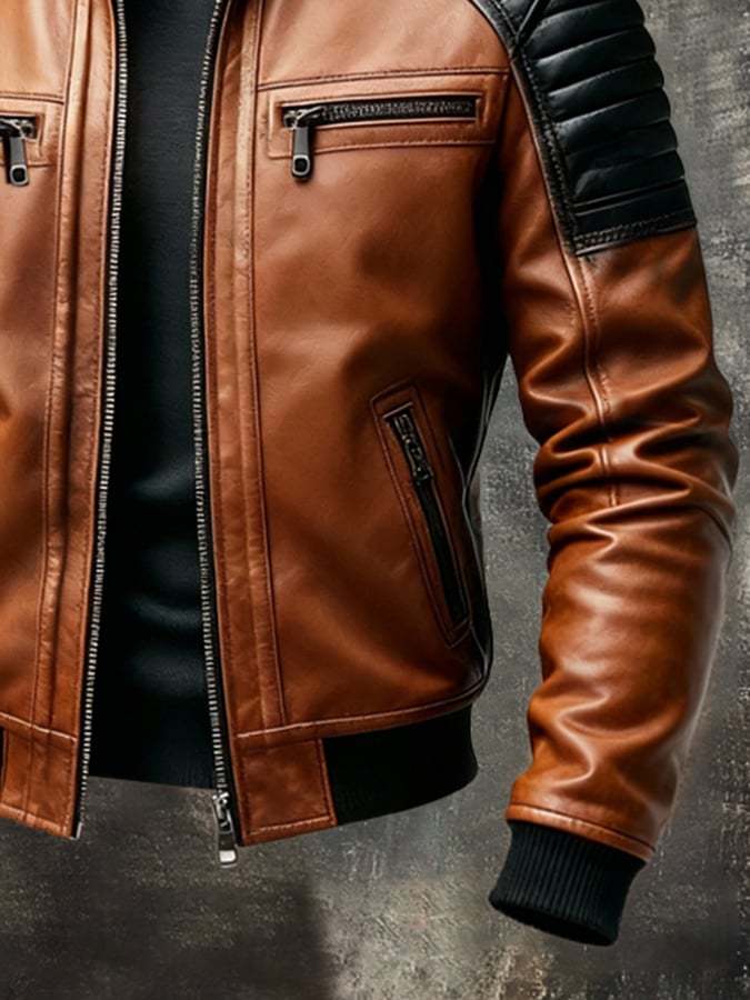 Men'S Vintage Motorcycle Leather Outdoor Jacket Coat