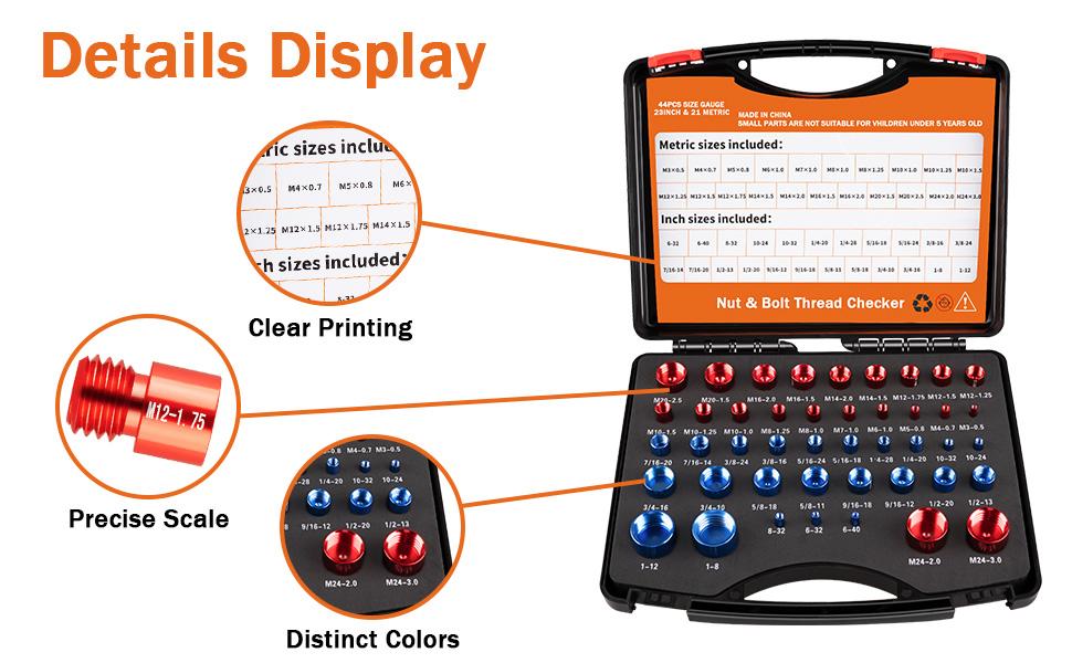 Snapfixmate 44PCS Nut and Bolt Thread Checker - Comprehensive Bolt Size and Thread Gauge Tool, Inch & Metric Sizes, with Handy Tool Box, Excellent for Home Garages and Car Repairs