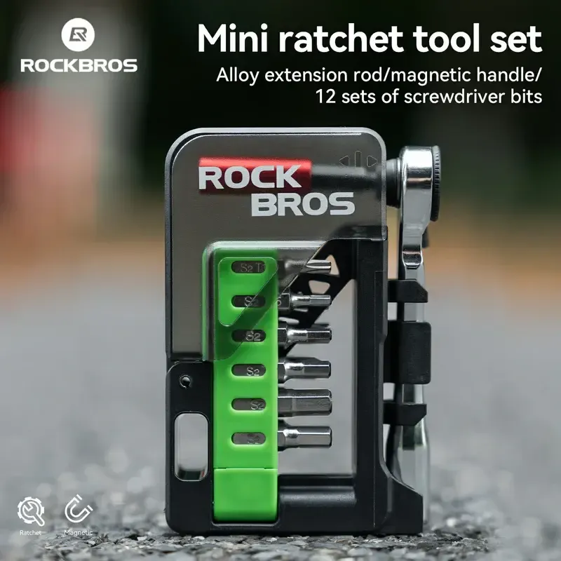 ROCKBROS Mini Ratchet Tool Set with Alloy Extension Rod Magnetic Handle & 12 Sets of Screwdriver Bits for Bicycle Repair