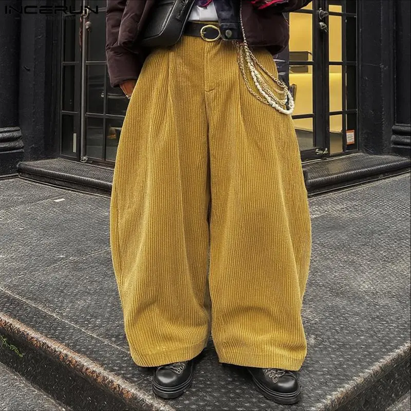 [Order One Size Up] INCERUN Menswear 2026 Spring/Summer Fashion Vintage Corduroy Wide-Leg Pants ,Lightweight Loose-Fitting Baggy Streetwear Trousers, Comfortable, Daily Wear