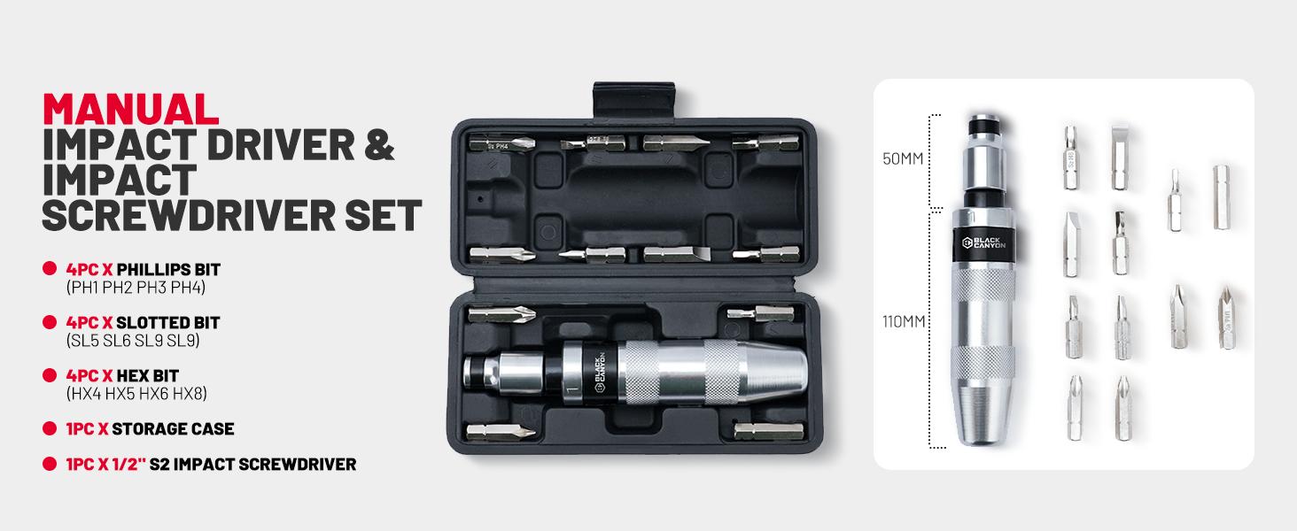 BLACK CANYON 1/2" S2 Hand Impact Screwdriver, 12-Pieces Tip Styles Slotted, Phillips, Hex, Manual Reversible Impact Driver, Disengage Rusted Fasteners or Frozen Bolts, Ideal Hand Tool for Men, Dad