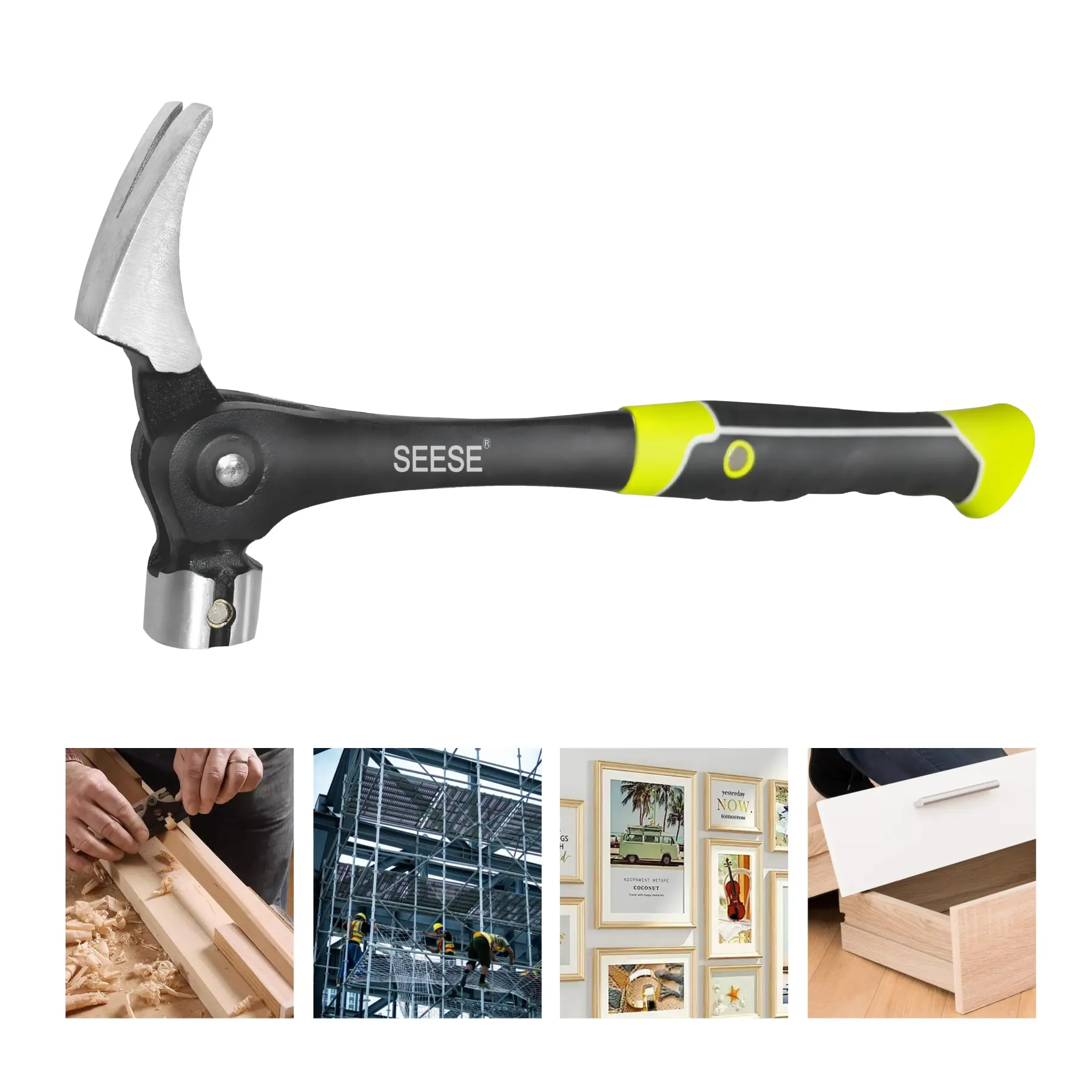 SEESE™ 16oz Professional Steel Framing Hammer – Magnetic Nail Starter & Indexing Rip Claw | Shock-Absorbing TPR Grip | Heavy-Duty Construction & DIY Essential