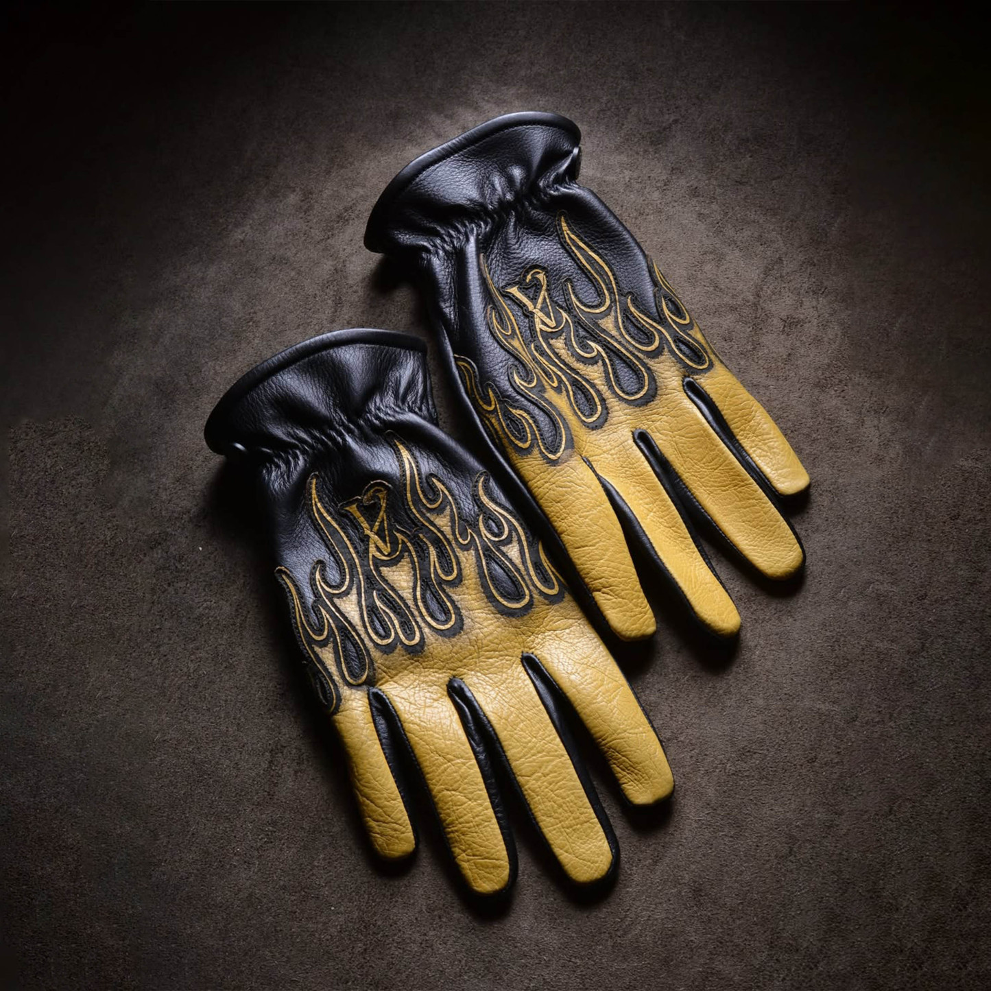 Vintage Workwear Yellow Flame Contrast Genuine Leather Biker Gloves