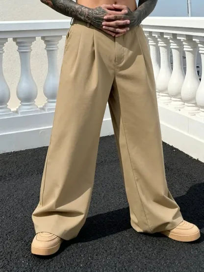 Men's Versatile Solid Color Wide Leg Pants, Unique Button Design, Fitted Style Perfect for Parties and Daily Wear, Casual Fitted Trousers, Casual Fashion Trousers