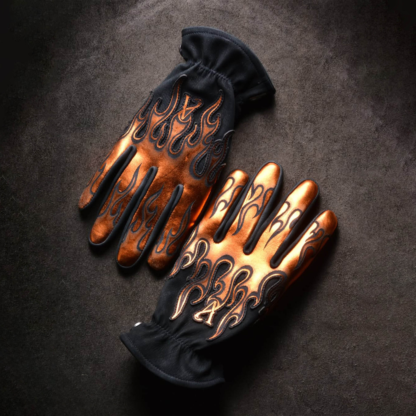 Vintage Biker Metallic Bronze Flame Embossed Leather Riding Gloves