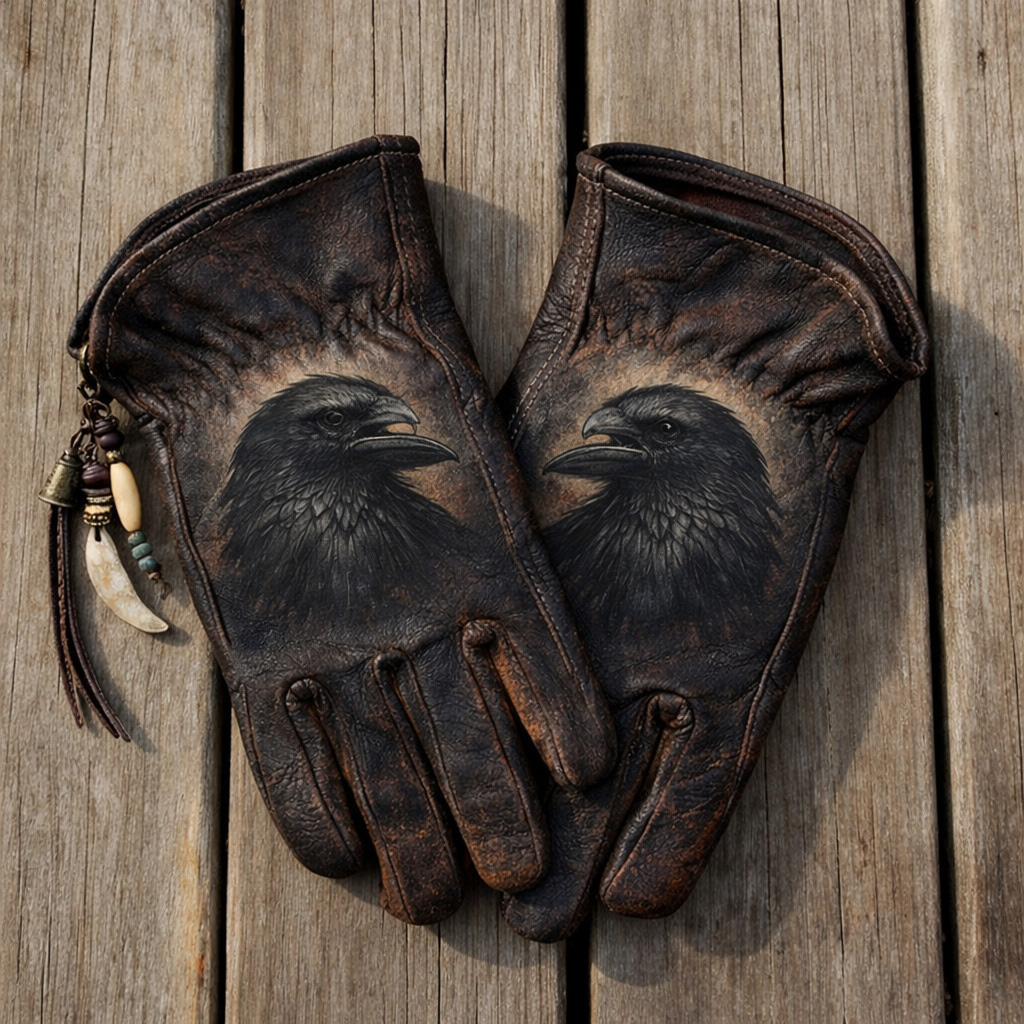 Gothic Mystery Dark Distressed Leather Raven Art Gloves