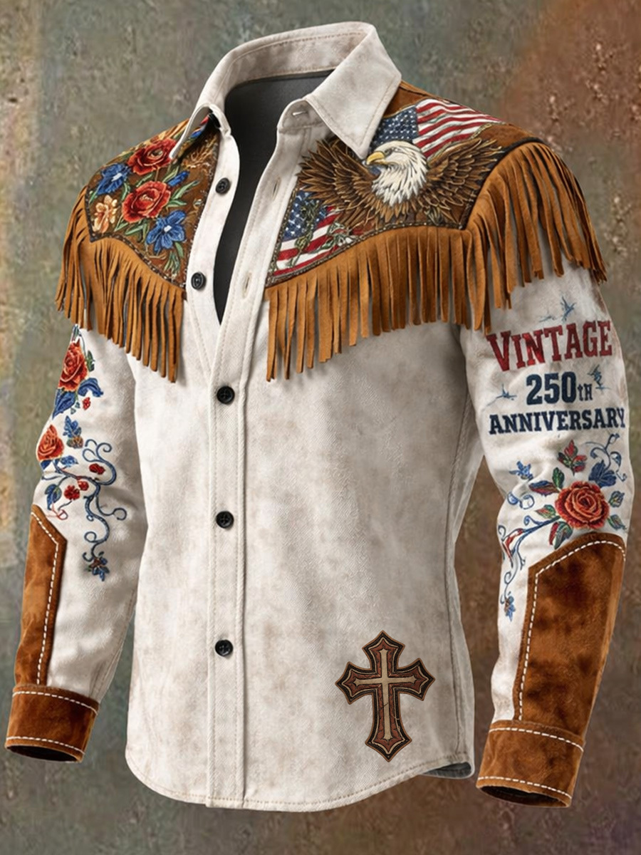 Men's Retro Western Style Art Print Vintage Tassel Casual Long Sleeve 