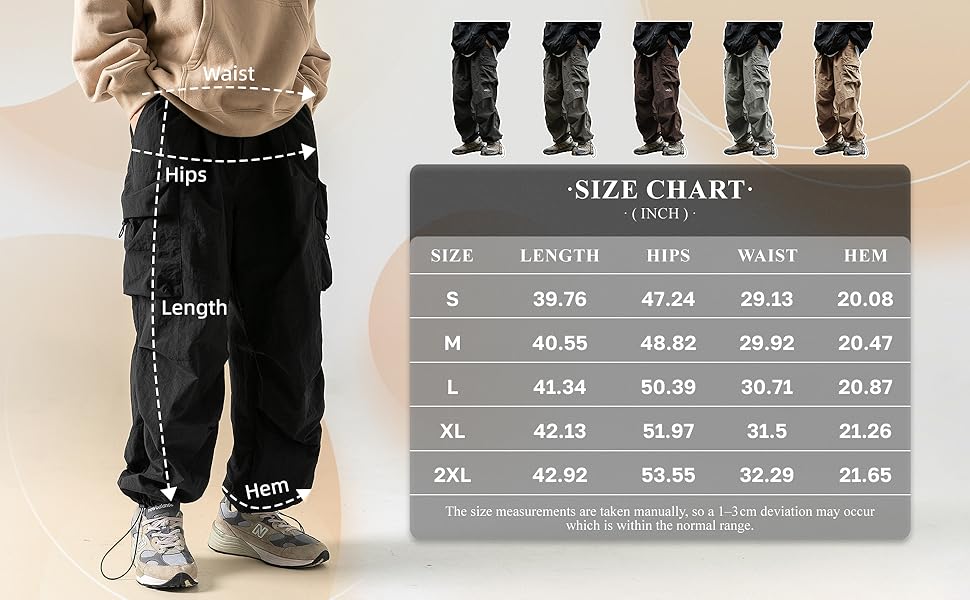 Men's Stylish Baggy Cargo Trousers, Menswear Clothes, Hip-Hop Parachute-Style Loose Fit, Lightweight Water-Resistant with Pockets